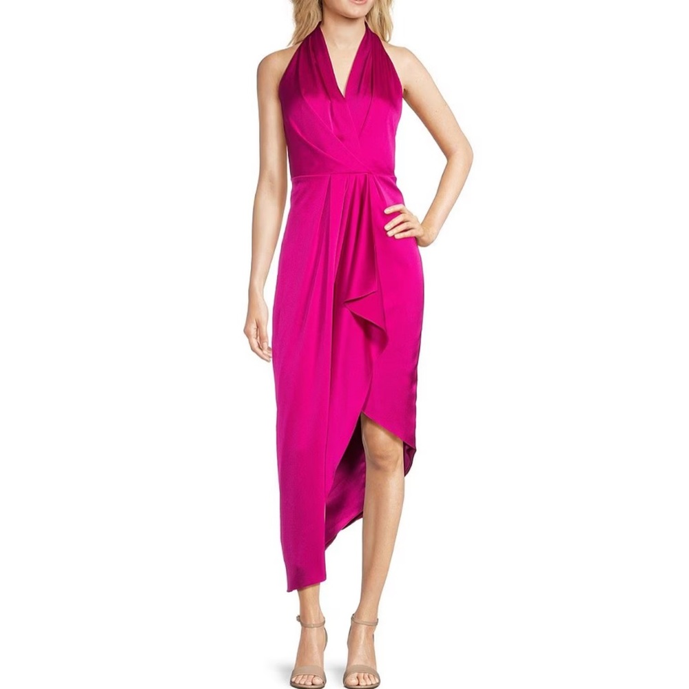 Alex Marie Hazel Surplice V-Neck Sleeveless Satin Asymmetrical Hem Midi Dress